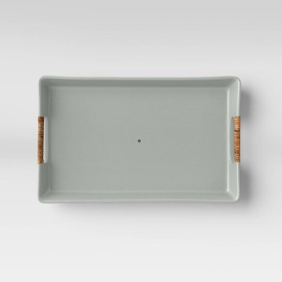 Studio McGee 10.04"‎ Rectangular Earthenware Tray with Cut-Out Skin Rattan - Picture 3 of 6